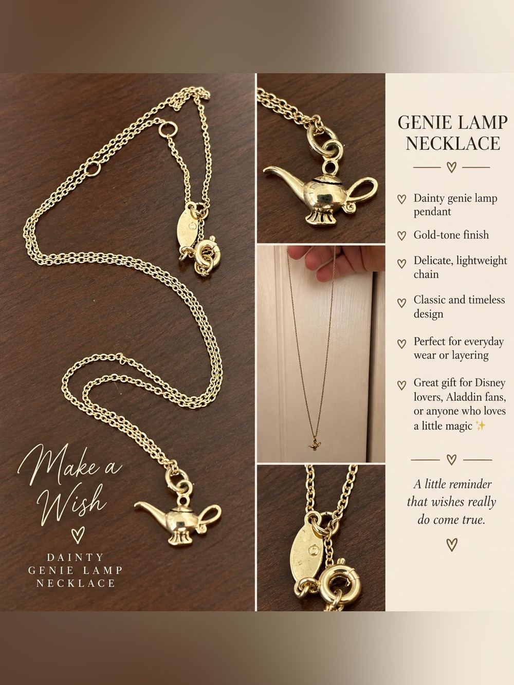 Gold Tone Genie Lamp Pendant Necklace